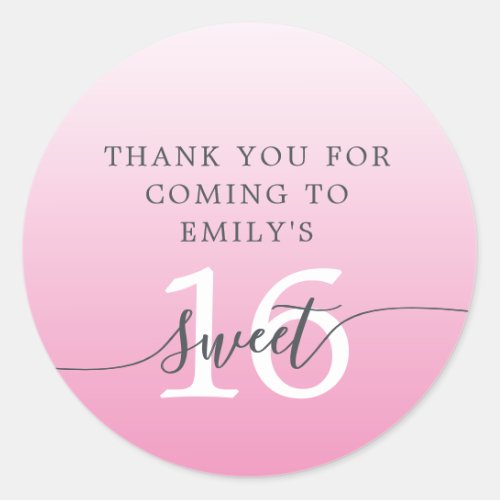 Sweet 16 Pink Ombre Thank You Custom Name  Classic Round Sticker
