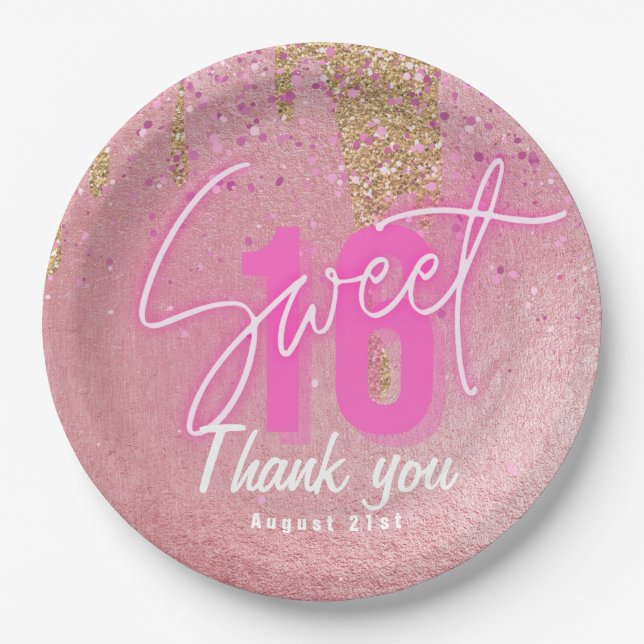 Sweet 16 Pink Party Food Dinner Ware Personalized Paper Plates (Front)