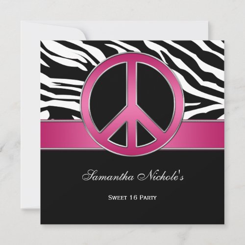 Sweet 16 Pink Peace Sign Black Zebra Custom Announcements