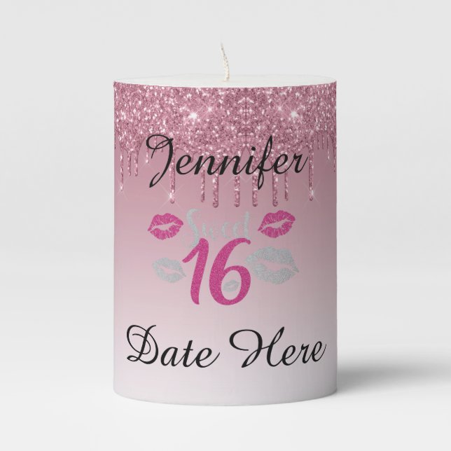 Sweet 16  Pink Personalized Birthday Pillar Candle (Front)