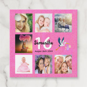 Sweet 16 pink photo collage thank you favor tags