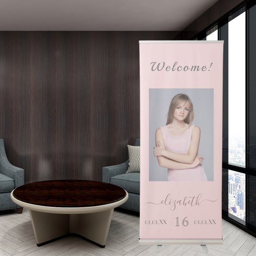 Sweet 16 pink photo party welcome retractable banner