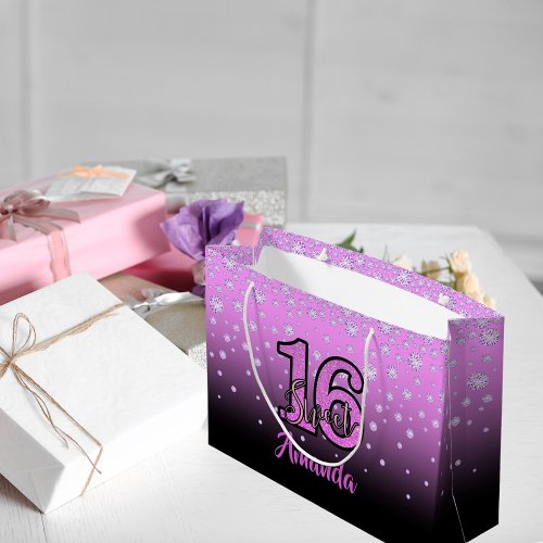 Sweet 16 pink purple black diamonds name large gift bag