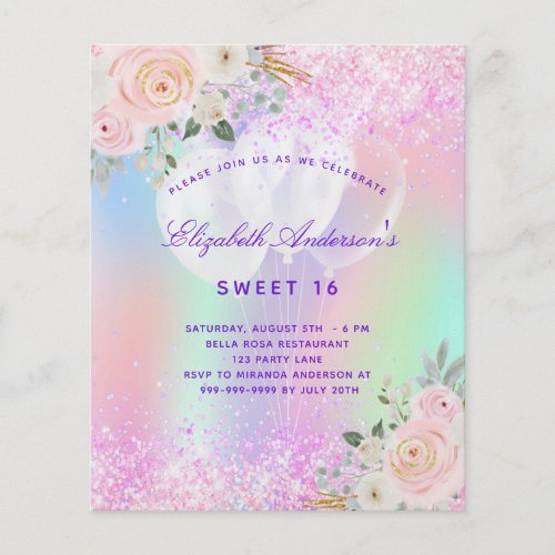Sweet 16 pink purple floral balloon budget flyer