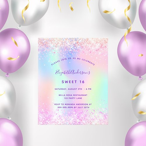 Sweet 16 pink purple glitter budget invitation flyer