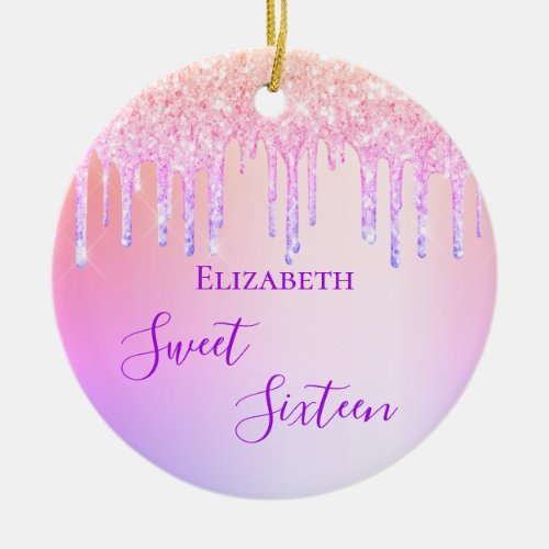 Sweet 16 pink purple glitter drips ceramic ornament