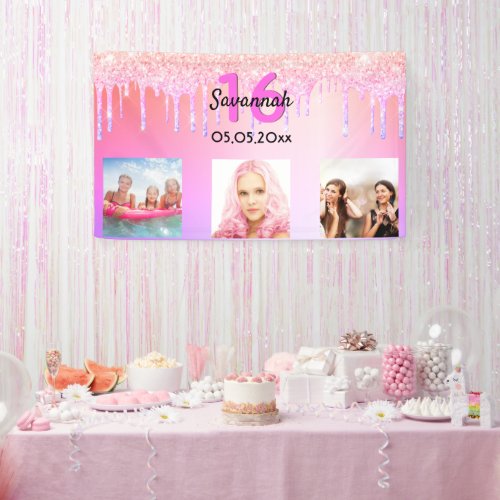 Sweet 16 pink purple glitter drips photo party banner