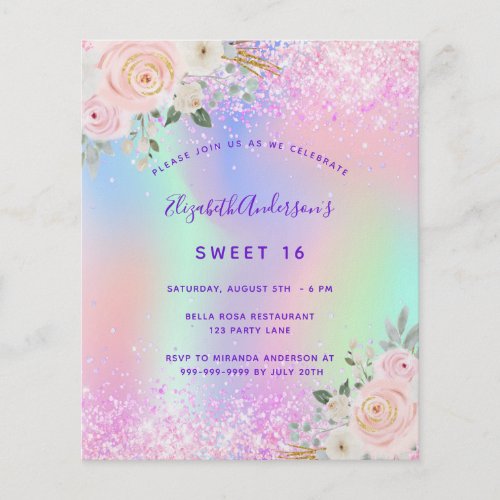 Sweet 16 pink purple glitter floral budget flyer