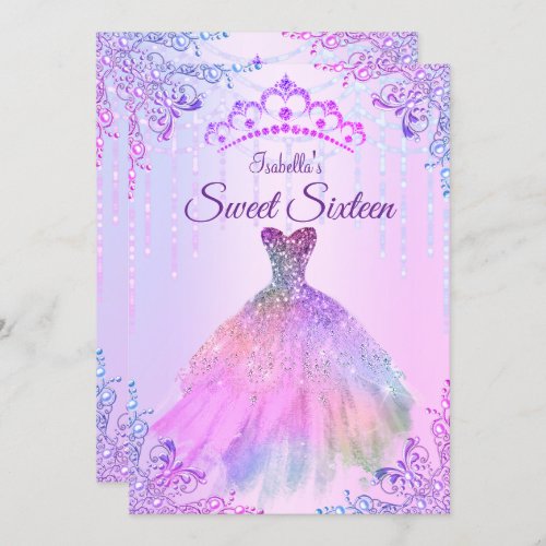 Sweet 16 Pink Purple Lilac Silver Pearl Gown Invitation