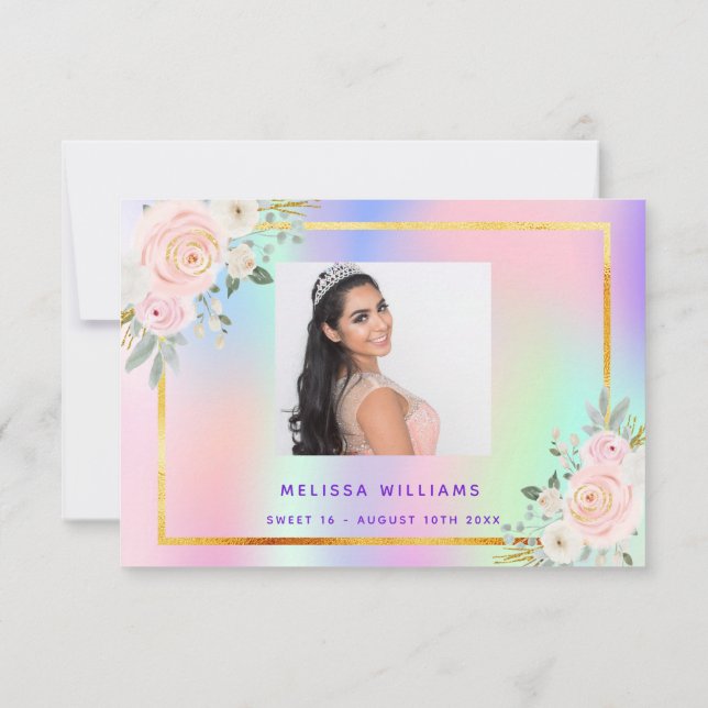 Sweet 16 pink purple photo rainbow floral thank you card (Back)