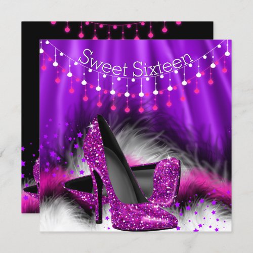 Sweet 16 Pink Purple Stars High Heels Party Invitation