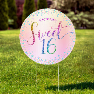Sweet 16 Pink Rainbow Ombre Glitter Birthday Yard Sign