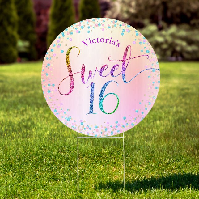 Sweet 16 Pink Rainbow Ombre Glitter Birthday Yard Sign (Creator Uploaded)