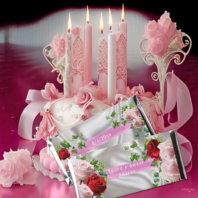 Sweet 16 Pink Red Roses Ivy Vines White Satin Hershey Bar Favors (Creator Uploaded)