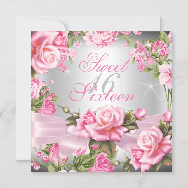 Sweet 16 Pink Roses Sweet 16 Pink Rose Bow Silver Floral Birthday Invitation | Zazzle