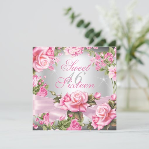 Sweet 16 Pink Roses Sweet 16 Pink Rose Bow Silver Floral Birthday Invitation | Zazzle