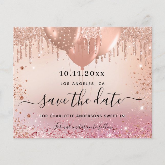 Sweet 16 pink rose gold budget save the date flyer (Front)