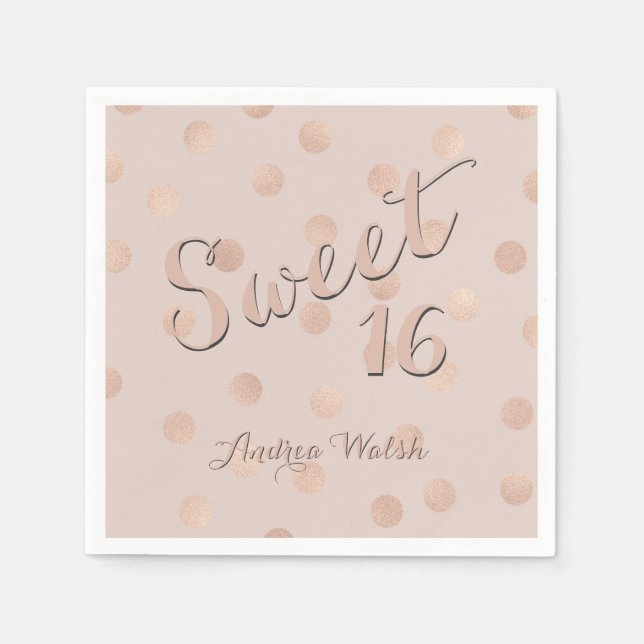 Sweet 16 Pink Rose Gold Confetti | Sweet Sixteen Paper Napkins (Front)