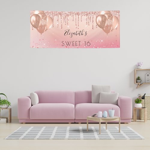 Sweet 16 pink rose gold glitter balloons banner