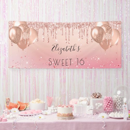 Sweet 16 pink rose gold glitter balloons banner