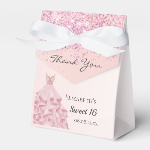 Sweet 16 pink rose gold glitter dress thank you favor boxes