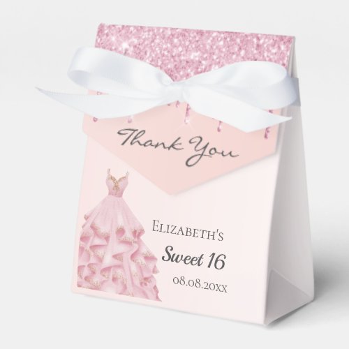 Sweet 16 pink rose gold glitter dress thank you favor boxes