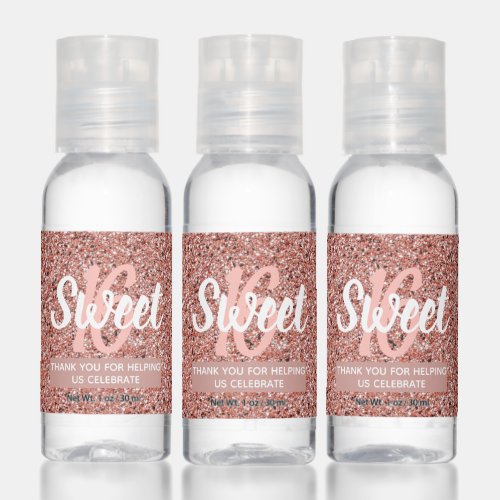 Sweet 16 Pink Rose Gold Glitter Party Favor Hand Sanitizer