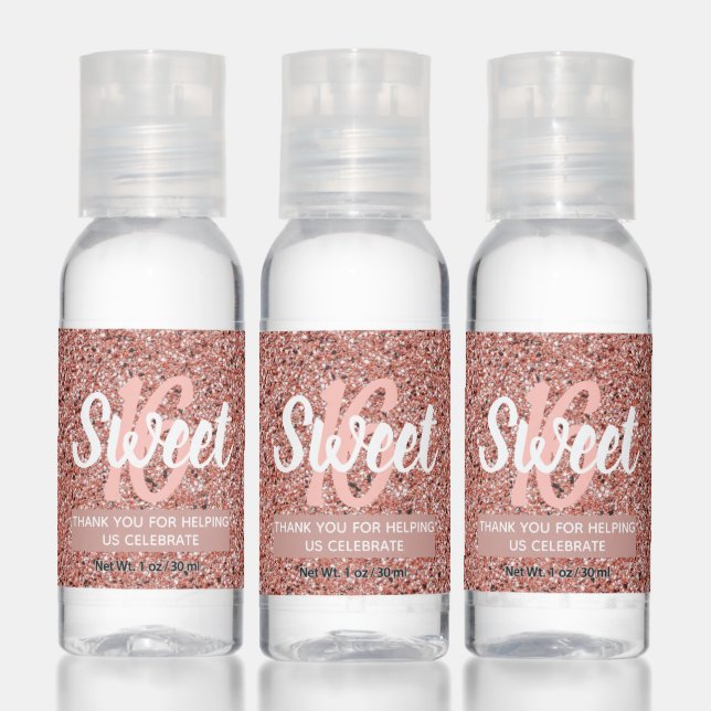 Sweet 16 Pink Rose Gold Glitter Party Favor Hand Sanitizer (Set)