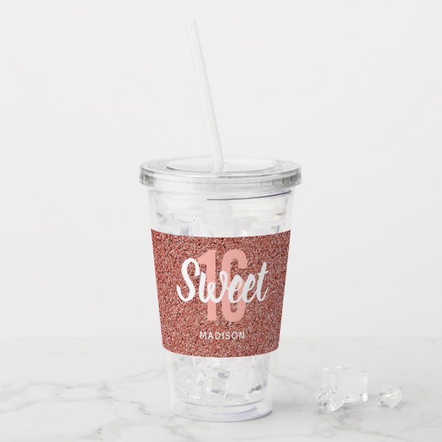 Sweet 16 Pink Rose Gold Glitter Personalized Acrylic Tumbler (Front Ice)