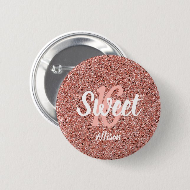 Sweet 16 Pink Rose Gold Glitter Personalized Button (Front & Back)