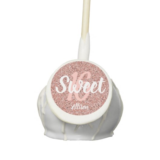Sweet 16 Pink Rose Gold Glitter Personalized Cake Pops (Front)