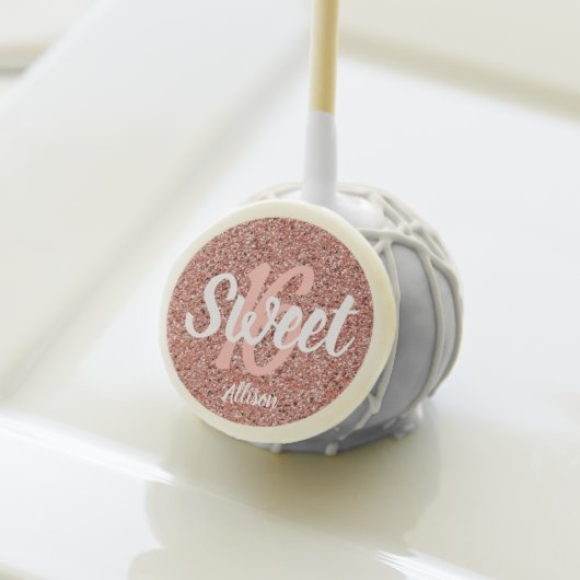 Sweet 16 Pink Rose Gold Glitter Personalized Cake Pops (Front Insitu)