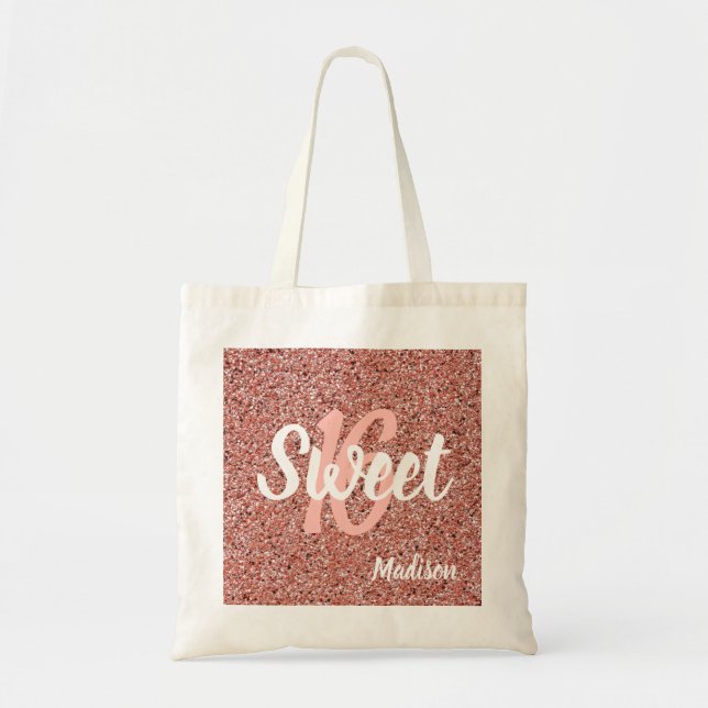 Sweet 16 Pink Rose Gold Glitter Personalized Tote Bag (Front)