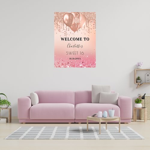 Sweet 16 pink rose gold pink glitter welcome poster