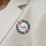 Sweet 16 pink roses black white stripes button<br><div class="desc">Classic slim black and white vertical stripes as background. With girly, feminine and romantic pink roses as decoration. A white and black frame on front with template for age, name and date. Age number 16 in pink, name and date in black. The name is written with a hand-lettered style script....</div>