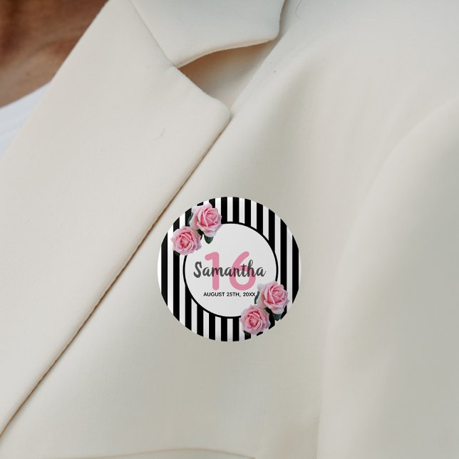 Sweet 16 pink roses black white stripes button (Creator Uploaded)
