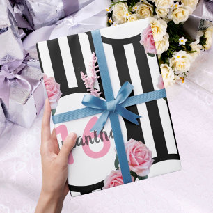 Sweet 16 pink roses black white stripes Paris Wrapping Paper