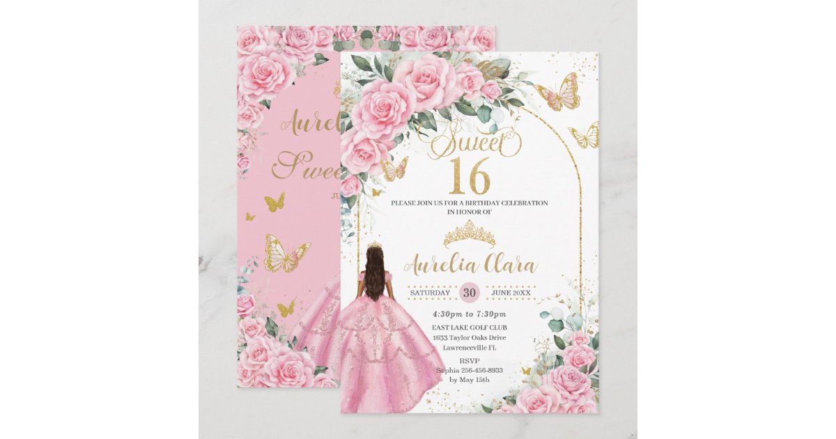 Sweet 16 Pink Roses Sweet 16 Pink Roses Floral Tan Brown Girl Gold Invitation | Zazzle