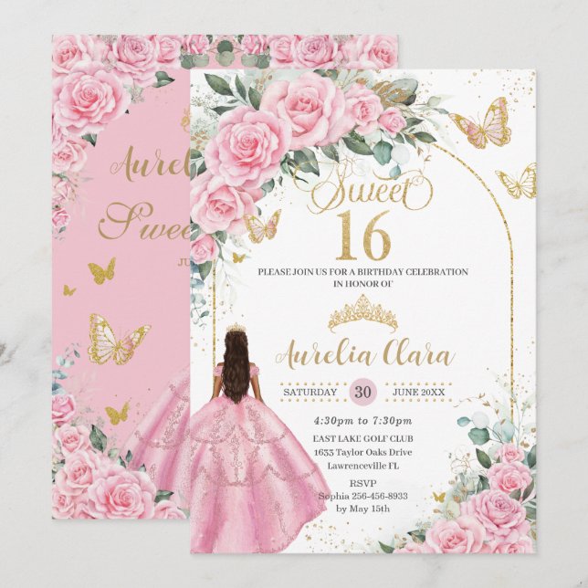 Sweet 16 Pink Roses Floral Tan Brown Girl Gold Invitation (Front/Back)