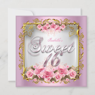 Sweet 16 Pink Roses White Gold Birthday Party Invitation