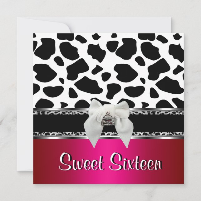 Sweet 16 Pink Silver Black White Cow Leopard 2 Invitation (Front)