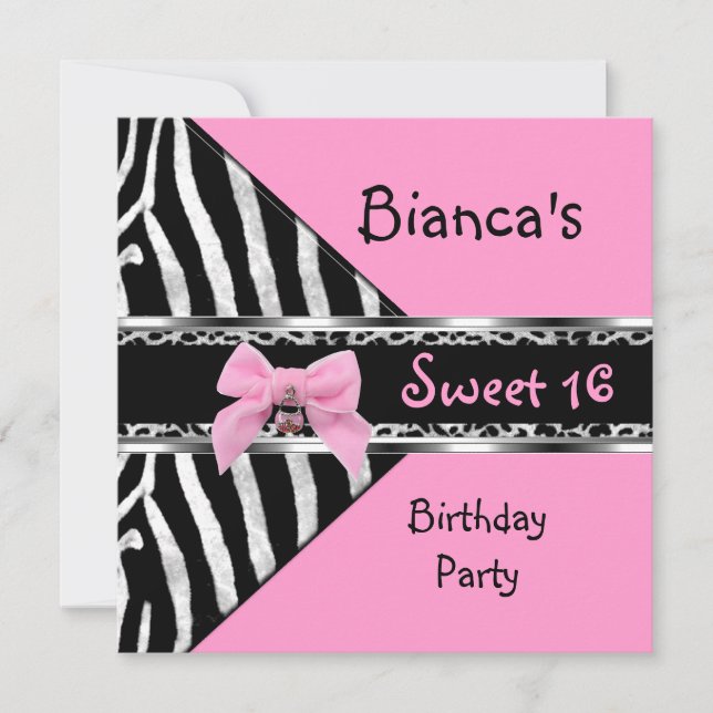 Sweet 16 Pink Silver Black Zebra Leopard Birthday Invitation (Front)