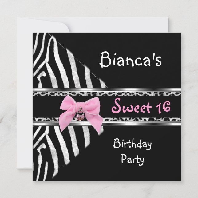 Sweet 16 Pink Silver Black Zebra Leopard Birthday Invitation (Front)