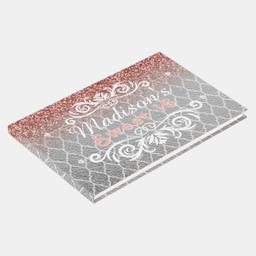 Sweet 16 Pink Silver Quatrefoil Glitter Custom Guest Book