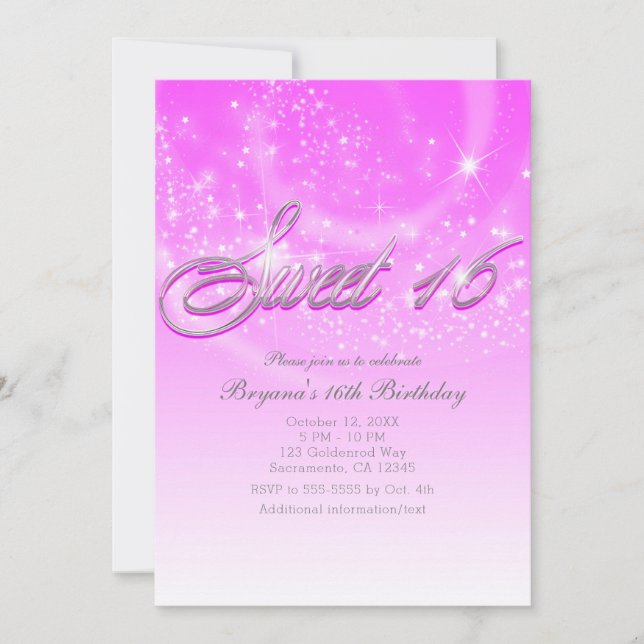SWEET 16 Pink & Silver Sparkle Stars Party Invitation (Front)
