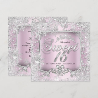 Sweet 16 Pink Silver Tiara Winter Wonderland Party Invitation