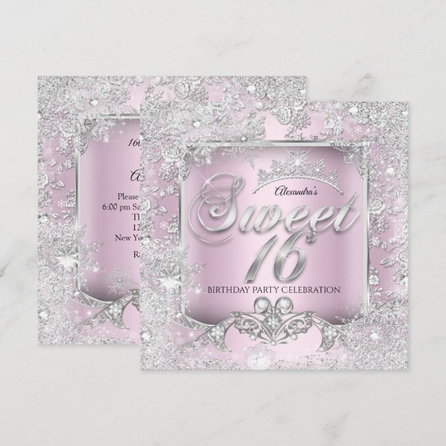 Sweet 16 Pink Silver Tiara Winter Wonderland Party Invitation (Front/Back)