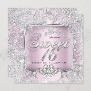 Sweet 16 Pink Silver Tiara Winter Wonderland Party Invitation