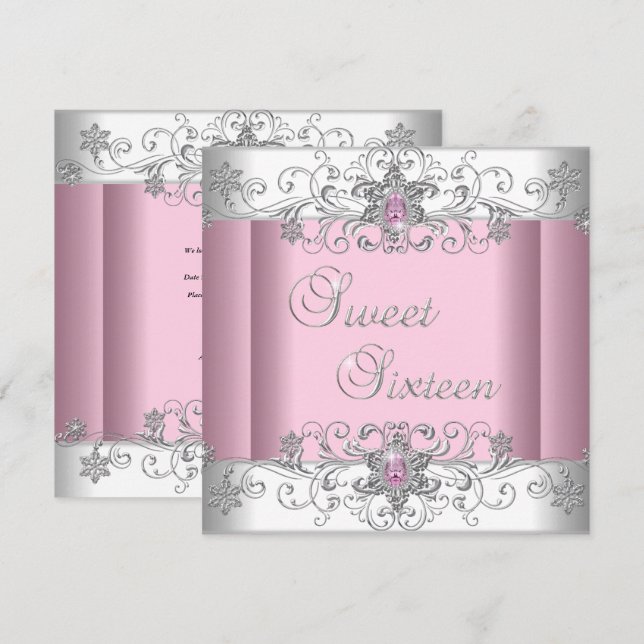 Sweet 16 Pink Silver White Diamond Image Party Invitation (Front/Back)