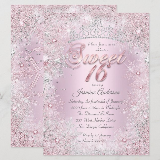 Sweet 16 Pink Silver Winter Wonderland Tiara Invitation (Front/Back)